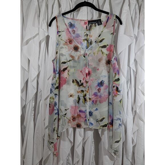 DKNY Jeans Large Sheer Floral V-Neck Sleeveless Shark Bite Top w/Keyhole Back - Picture 1 of 6